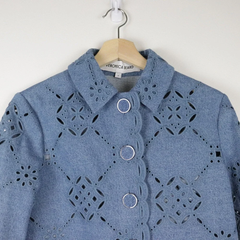 Veronica Beard Adelaide Jacket 0 Sea Glare Blue Denim Eyelet
